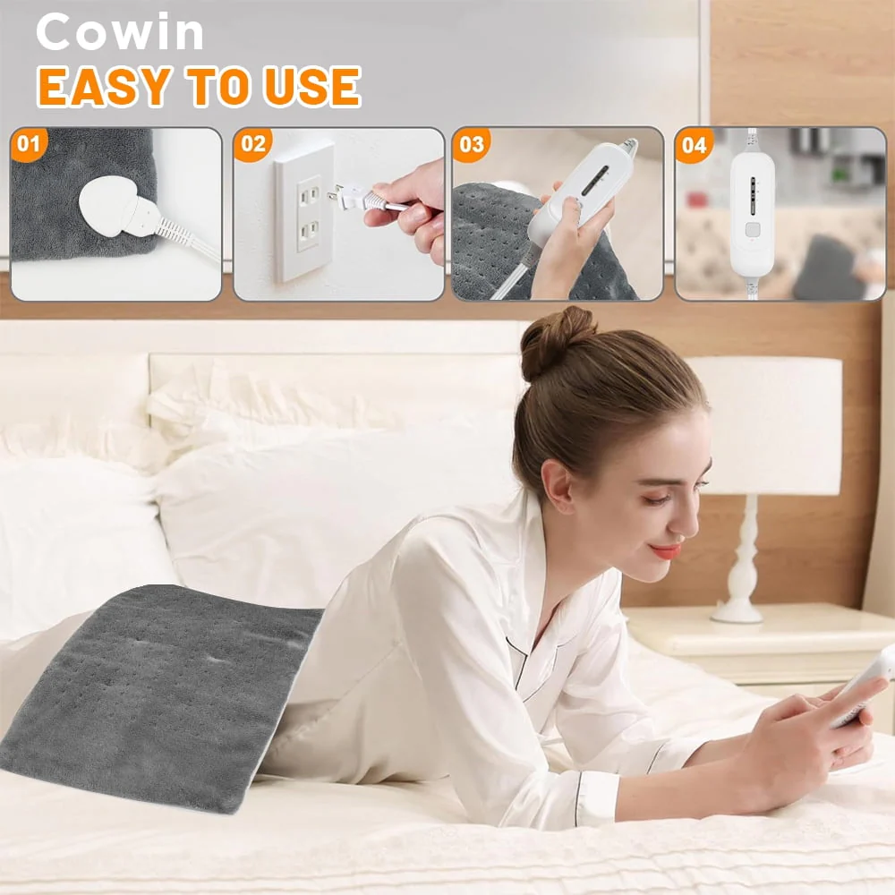 kibhous 12''x24'' Weighted Heating Pad for Back Shoulders, Fast-Heating, Soft Machine Wash Fabric with 3 Heat Settings, Auto Shut Off, Gray - Image 3
