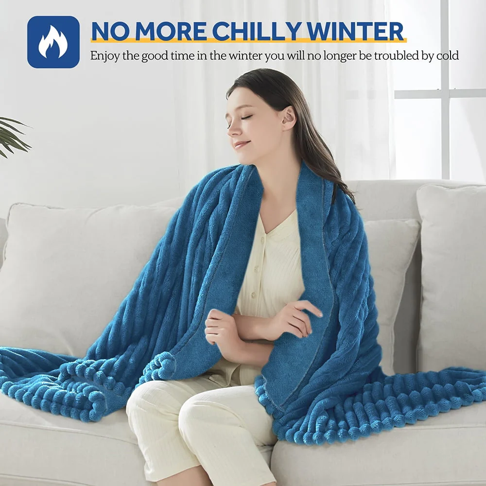 Heated Blanket Electric Queen Striped Flannel Blanket 84"x90" Electric Blanket with 6 Heat Settings 10 Hour Timer Auto Shut Off, Blue - Image 3