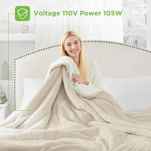 kibhous Electric Blanket King Size,Flannel and Shu velveteen Heated Blanket with 10 Heating Levels & 1-8 Hours Auto Shut Off, Machine Washable, Beige, 100" x 90" - Image 3