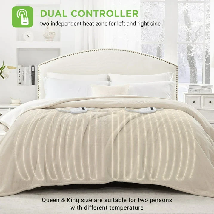 kibhous Electric Blanket King Size,Flannel and Shu velveteen Heated Blanket with 10 Heating Levels & 1-8 Hours Auto Shut Off, Machine Washable, Beige, 100" x 90" - Image 5