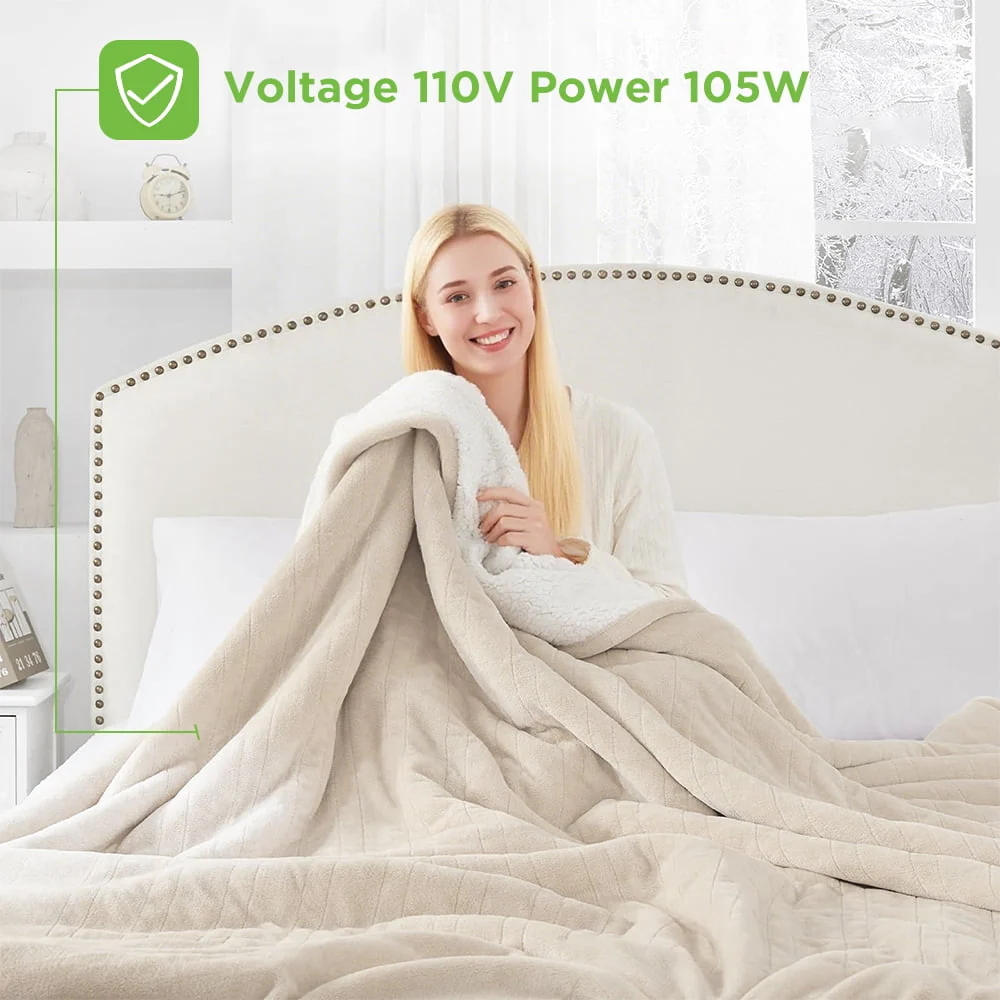kibhous Electric Blanket Queen Size,Flannel and Shu velveteen Heated Blanket with 10 Heating Levels & 1-8 Hours Auto Shut Off, Machine Washable, Beige, 84" x 90" - Image 3