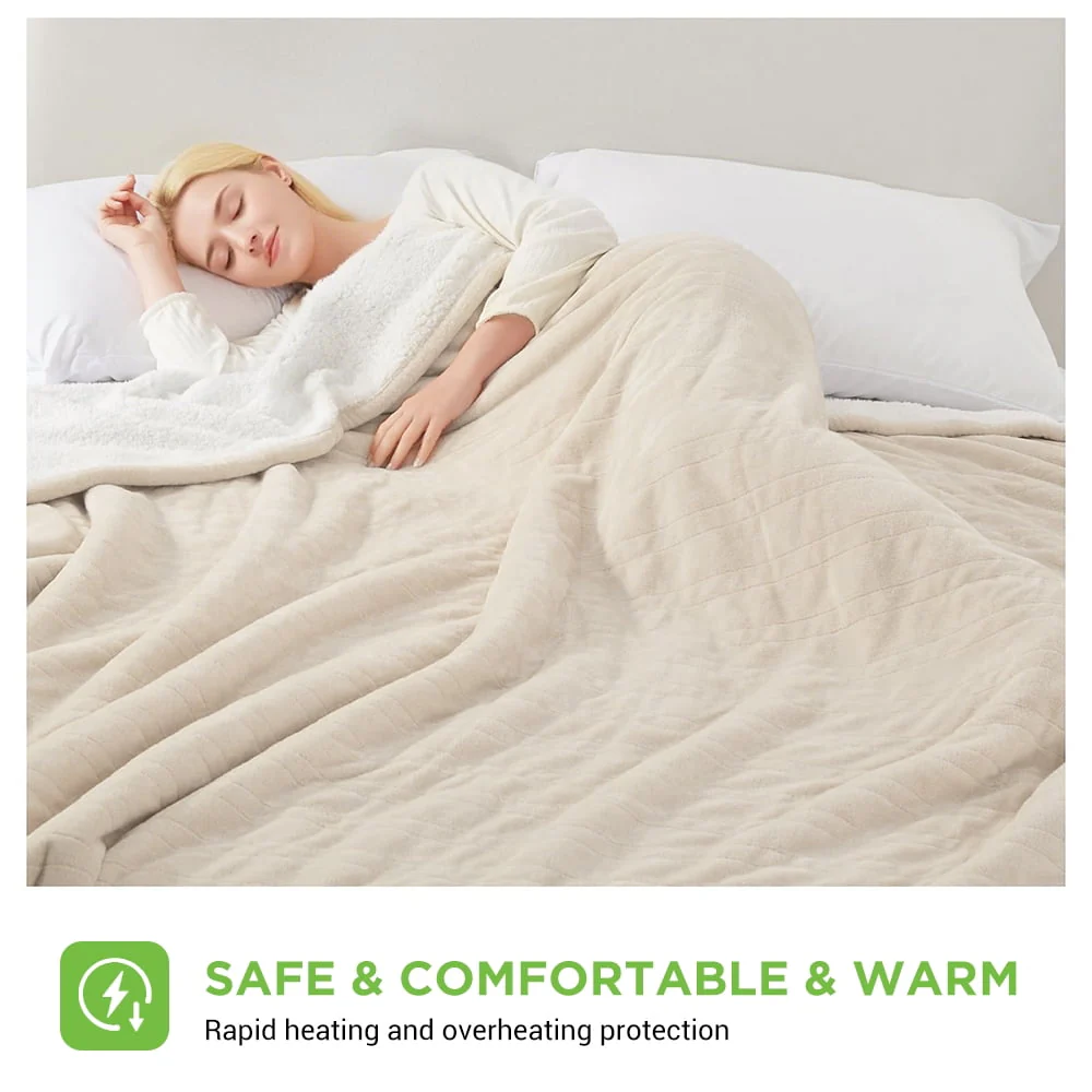 kibhous Electric Blanket Queen Size,Flannel and Shu velveteen Heated Blanket with 10 Heating Levels & 1-8 Hours Auto Shut Off, Machine Washable, Beige, 84" x 90" - Image 7